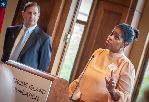 Womazetta Jones, right, Secretary of the R.I. Executive Office of Health and Human Services, and Neil Steinberg, president and CEO of the Rhode Island Foundation, at a reception held in August of 2019 at the Rhode Island Foundation, at which Jones declared it was time to become more comfortable with having uncomfortable conversations about racial equity.